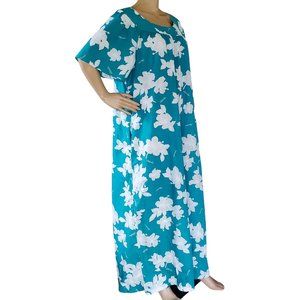 Vintage Aikane Dress Women's 3XL Hawaii Muumuu Waterfall Maxi Teal Floral Pocket
